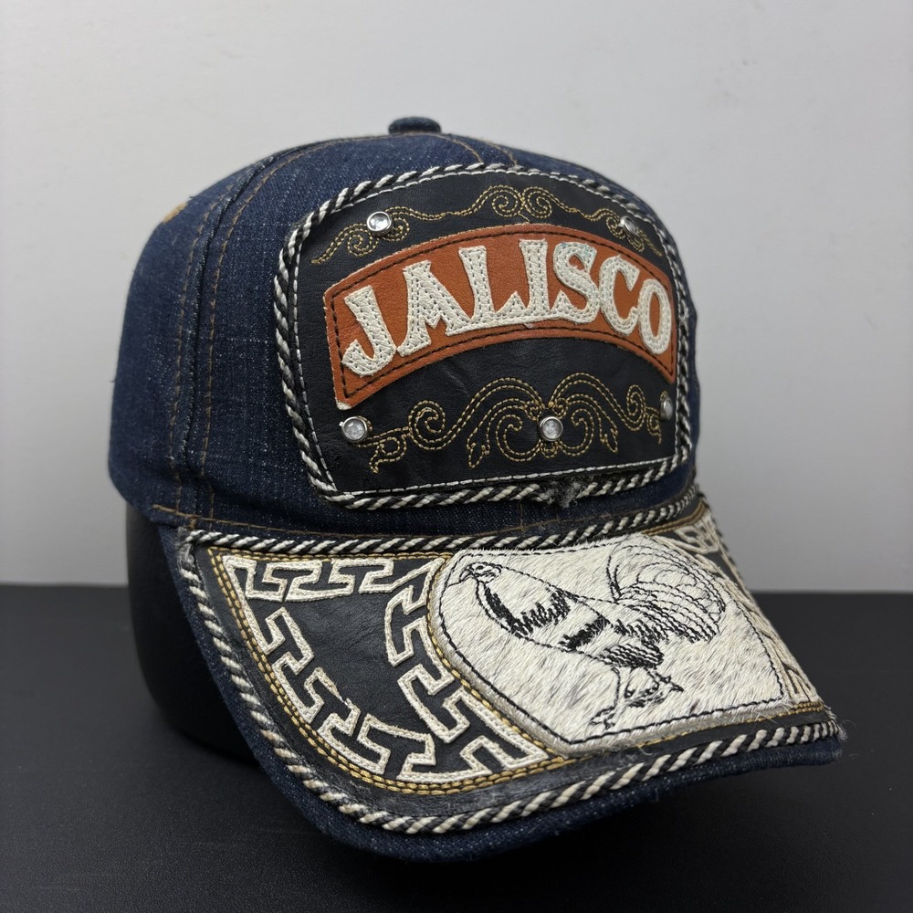 Vintage Jalisco Mexico Hat Rooster Western Blue Denim Rhinestone Rope Strapback